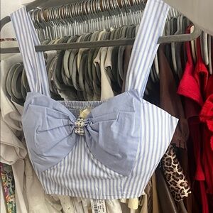 Elegant Blue Striped Crop Top with Bow